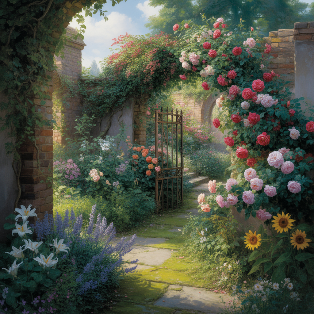 Serene garden scene with vibrant flowers, an open wrought-iron gate, and light filtering through trees.