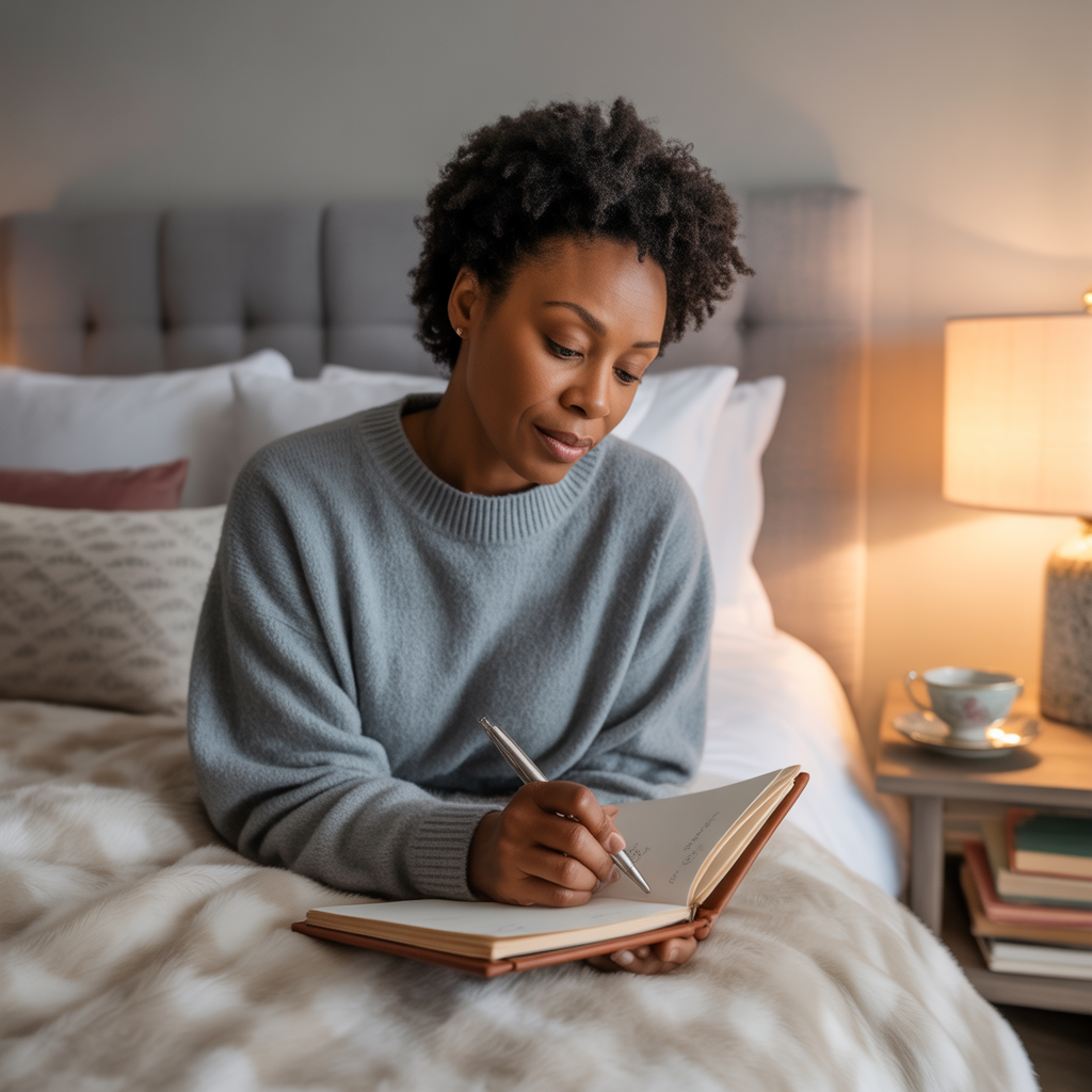 A woman writing in a journal with a cup of tea, writing in a journal.