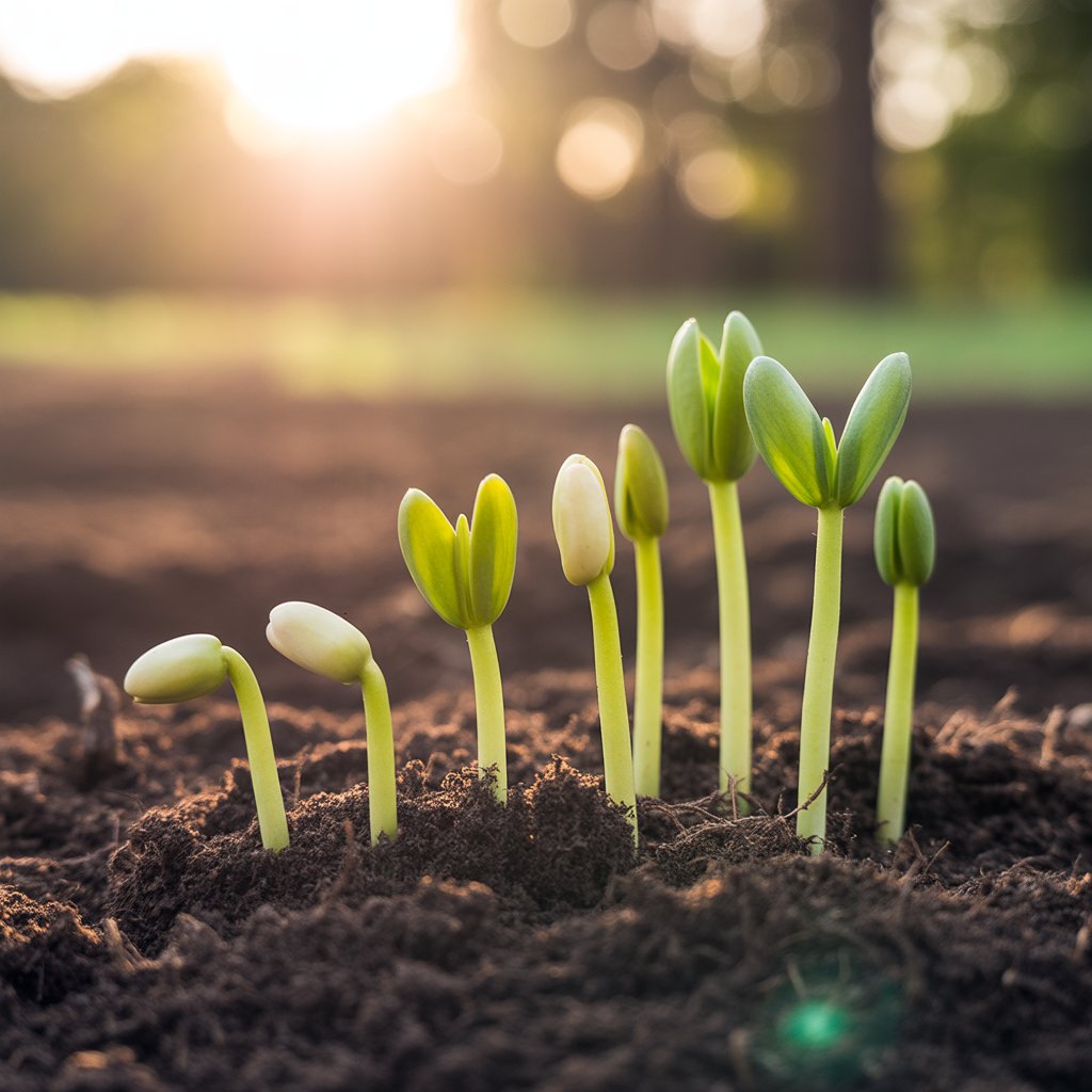 Close-up of green sprouts emerging from dark soil.