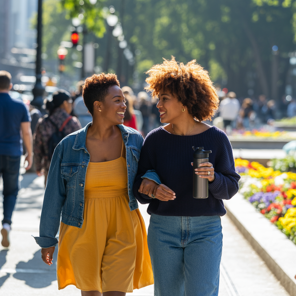 Two women walking together in friendly conversation.