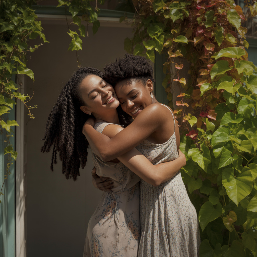 Two women embracing warmly, symbolizing grace and compassionate connection