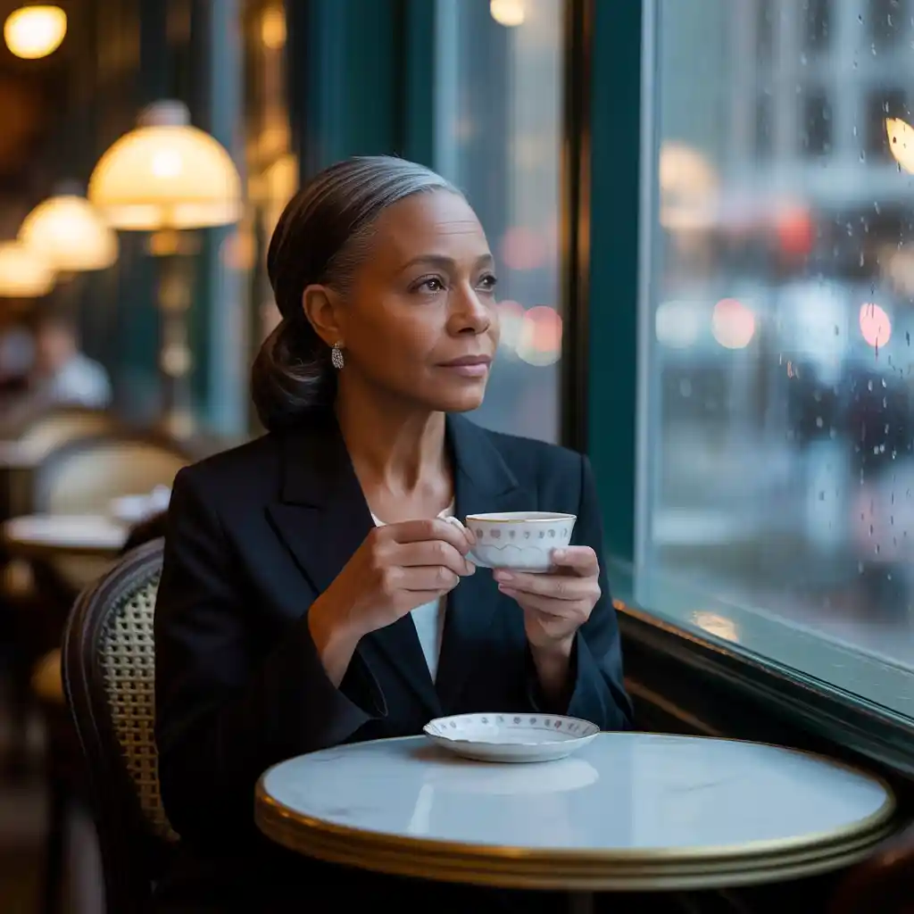 Mature woman sitting alone by window holding coffee cup, looking thoughtfully outside with tired but reflective expression.