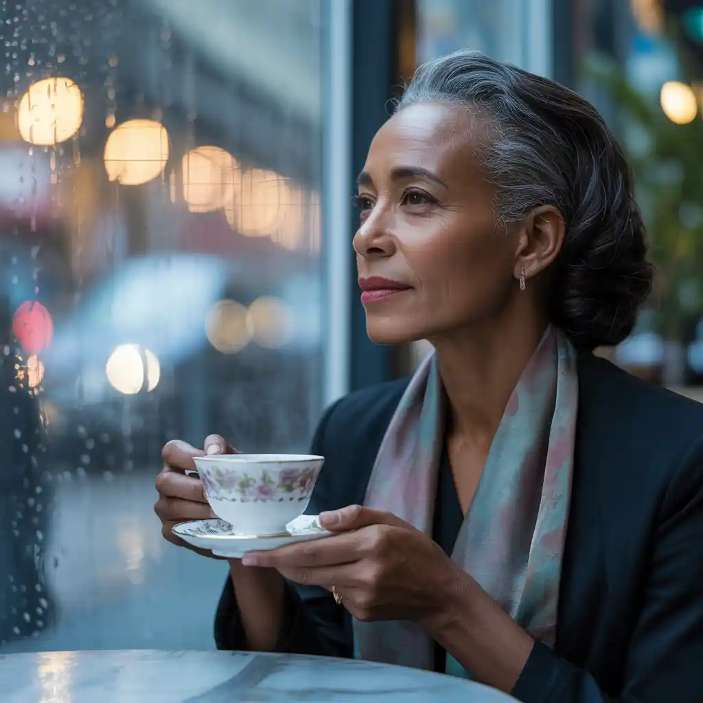 Mature woman sitting by window with coffee reflecting on boundaries and relationships with peaceful clarity.