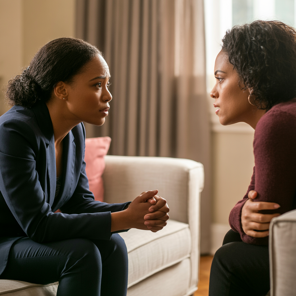 Woman speaking calmly and confidently, setting a boundary with grace