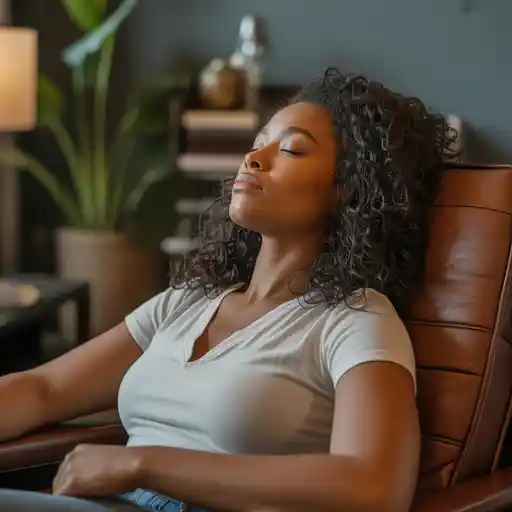Peaceful woman resting comfortably with eyes closed, showing intentional rest and presence, not sleep