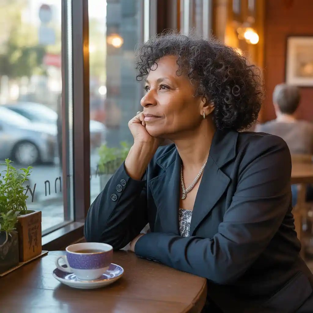 Woman sitting peacefully by window with coffee, in quiet contemplation.