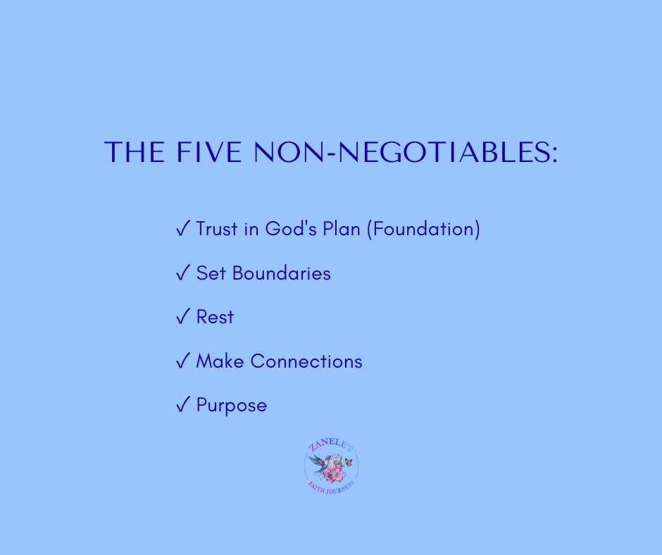 Infographic listing the 5 non-negotiables for mental wellness after 50: Trust in God's Plan, Set Boundaries, Rest, Make Connections, and Purpose