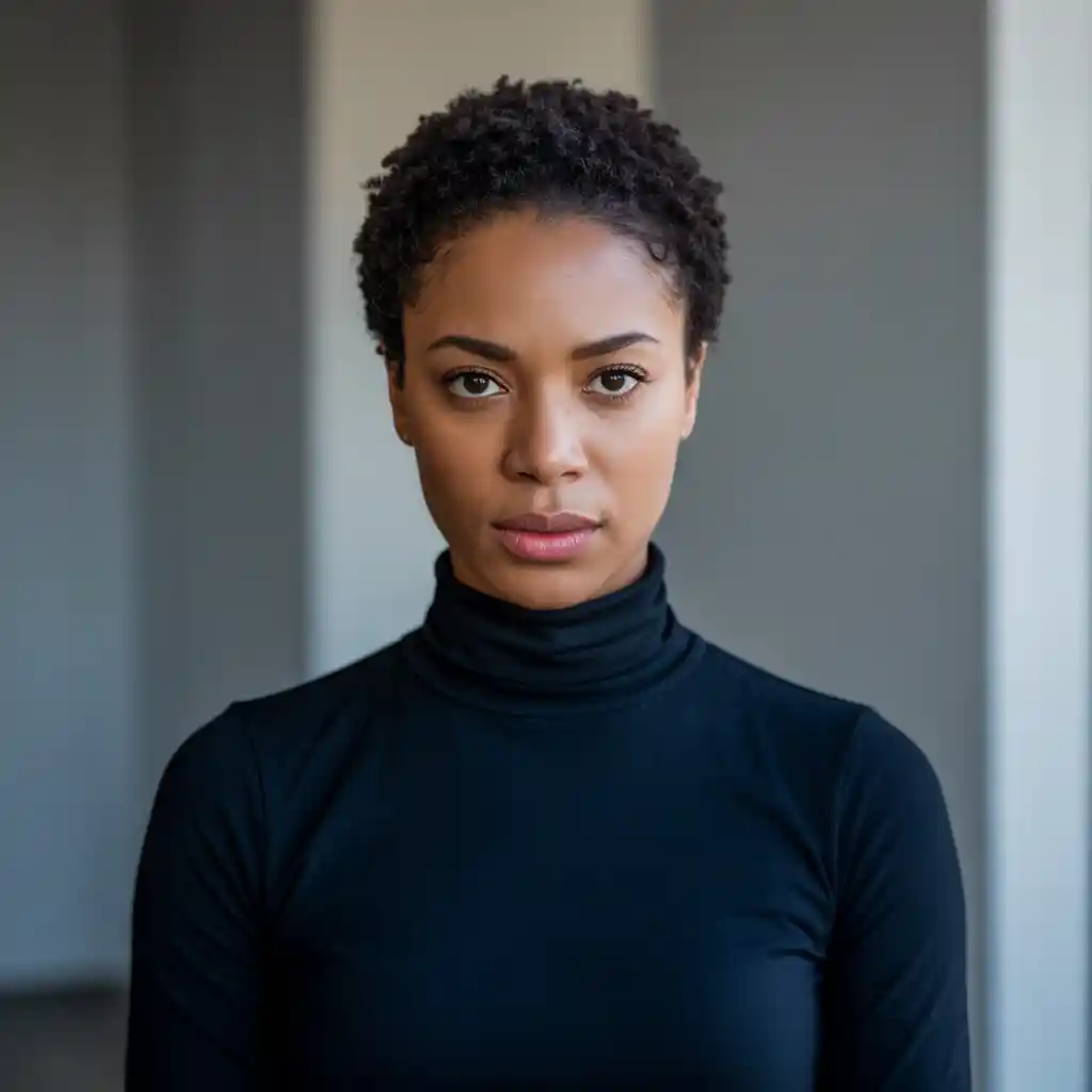 Confident woman with firm but peaceful body language, choosing to protect her peace.