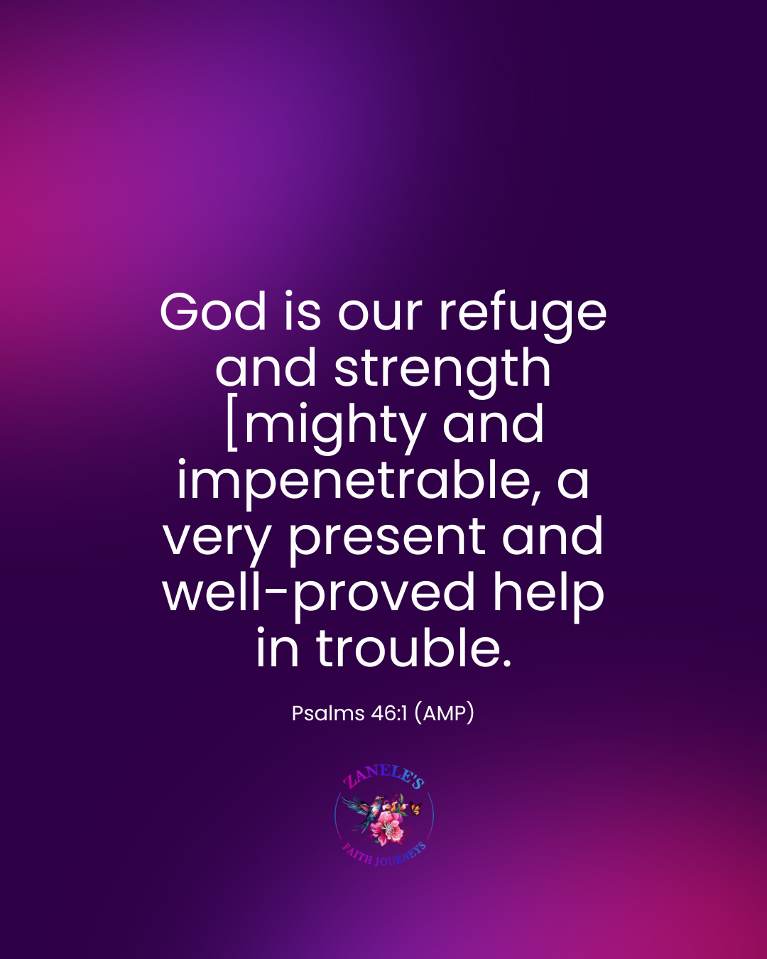 Psalm 46:1 Scripture graphic, God is our refuge and strength, Bible verse about trusting God in times of trouble.
