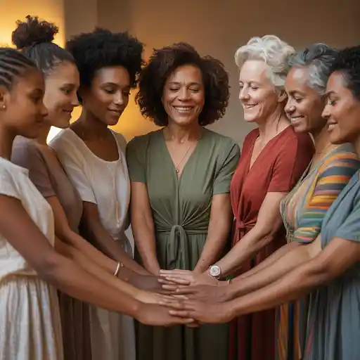 Multi-generational women holding hands in circle, representing Christian community support and faith sisterhood for women navigating spiritual disconnect.