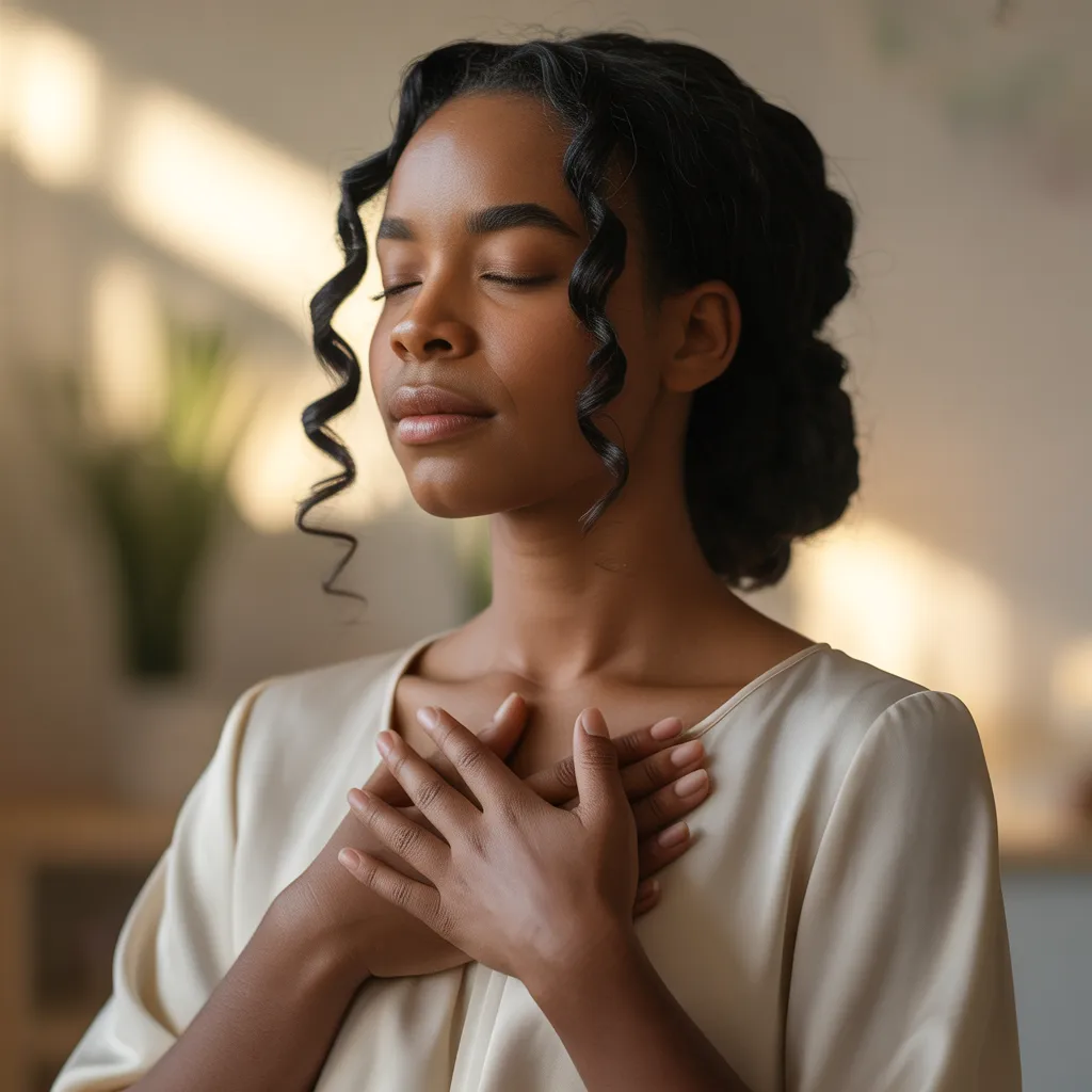 Woman with closed eyes and hands on chest in peaceful spiritual reflection.