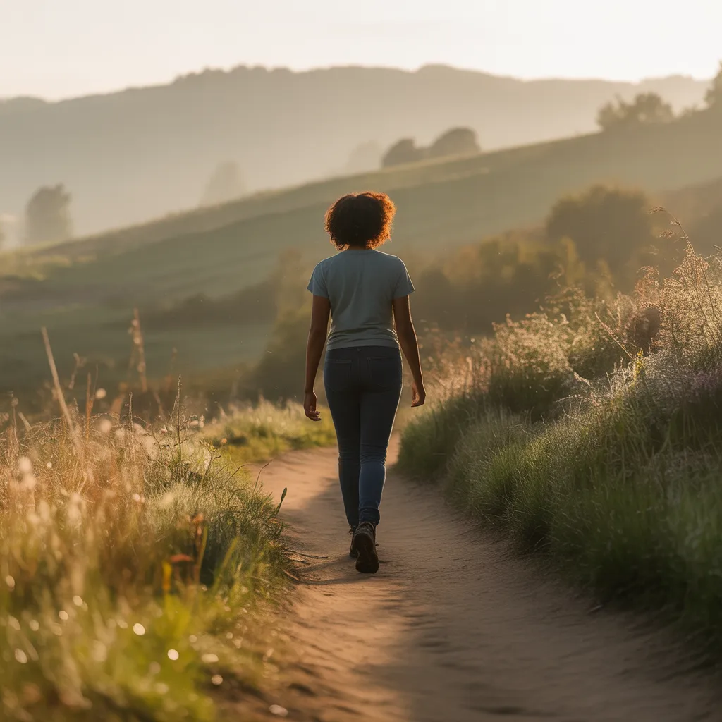 Woman walking forward on peaceful path after setting boundaries and choosing healthy relationships.