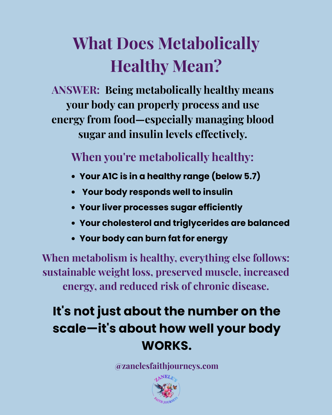 Infographic explaining what it means to be metabolically healthy, including balanced A1C, insulin response, and efficient energy processing.