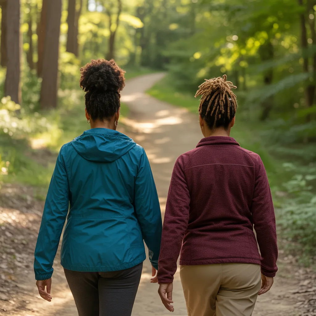 Two women walking together on a nature trail, representing community and support.