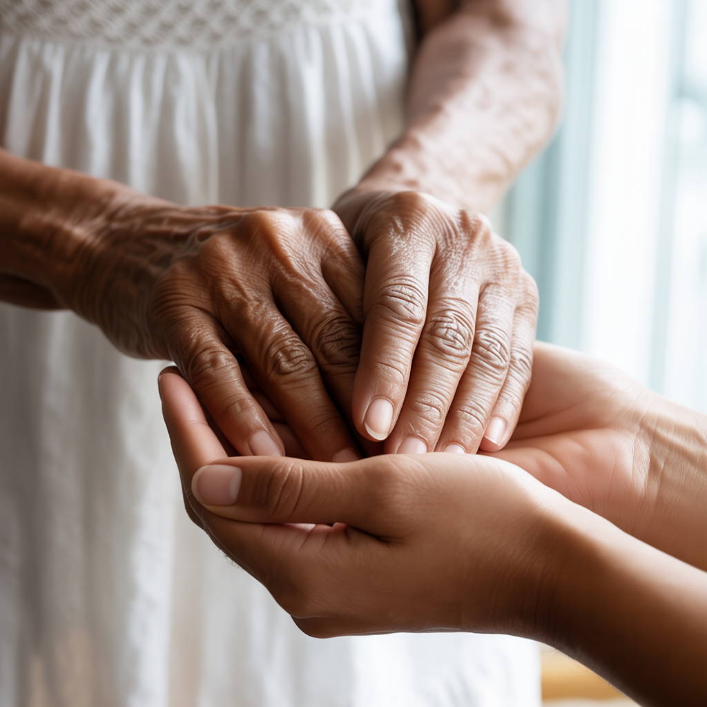 Intergenerational hands clasped together showing family bond and caregiving.
