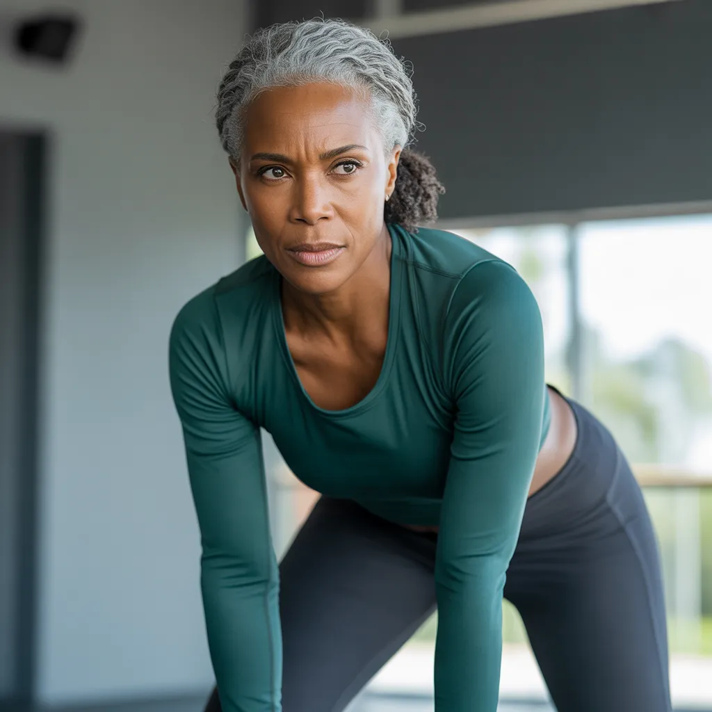 Woman in her 50s preparing for strength training at home