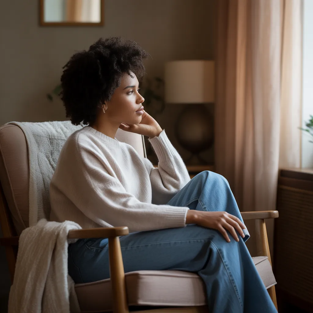 Woman sitting quietly in a peaceful room, reflecting on emotional burnout.