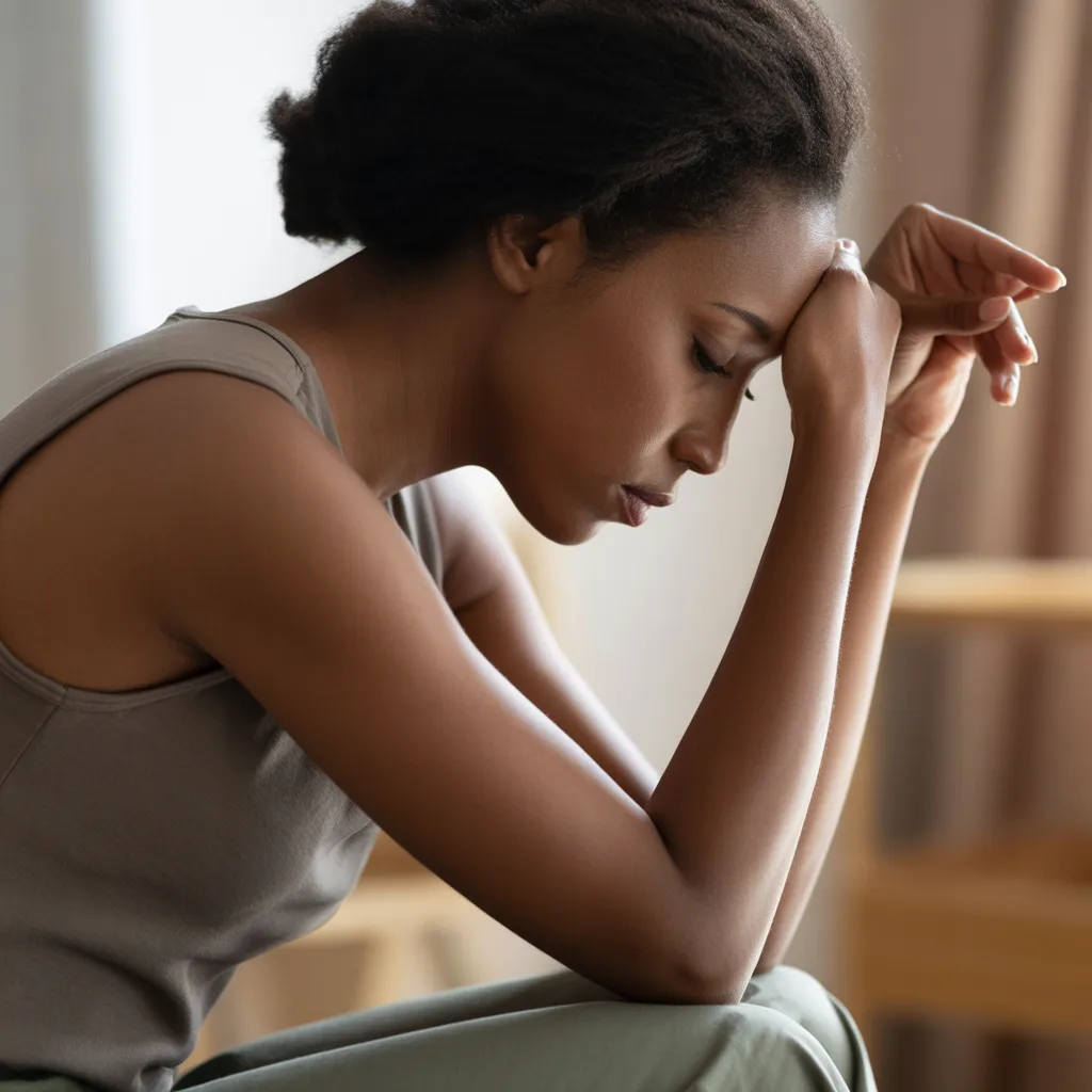 Woman with bowed head and hand on forehead processing emotional pain.