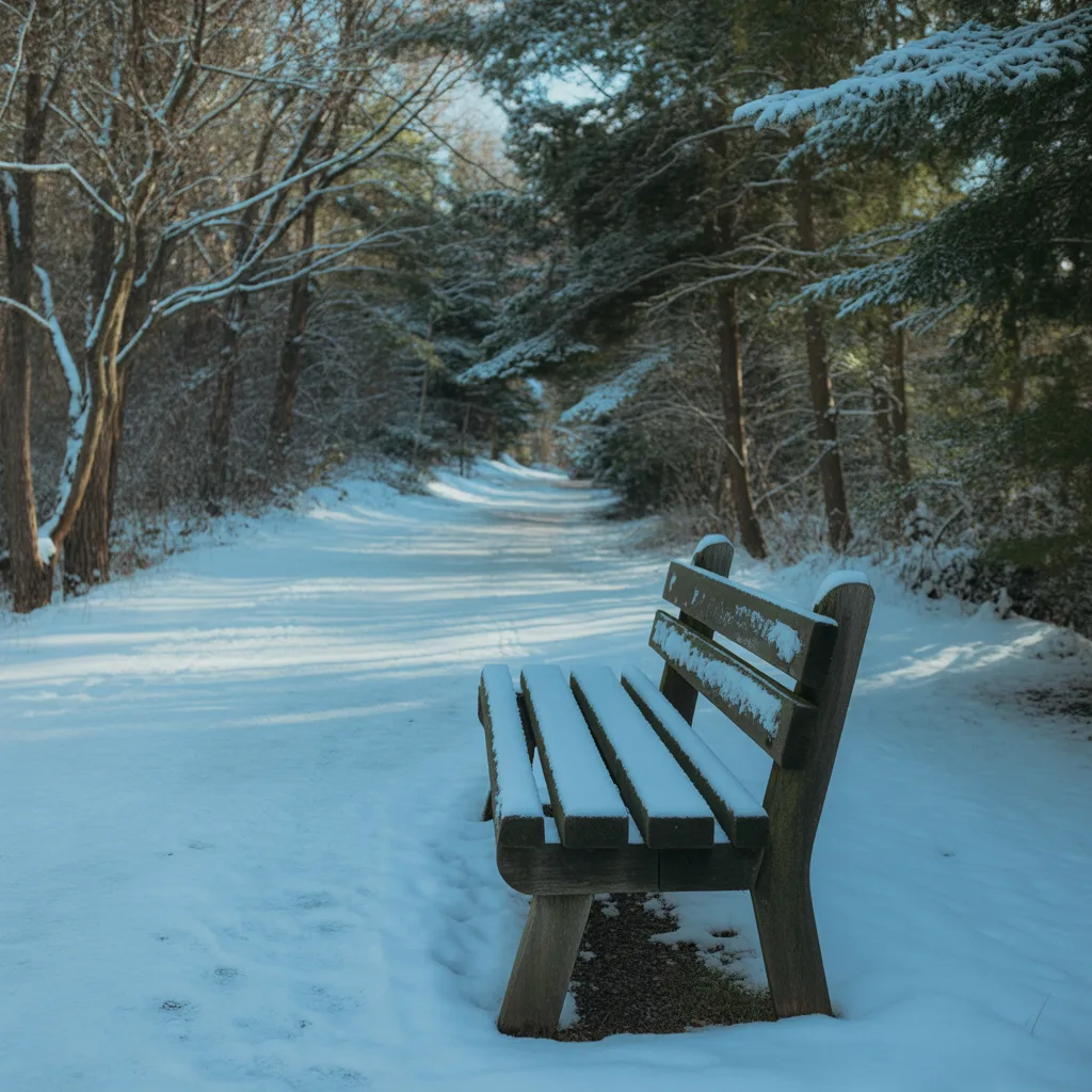 Empty park bench in winter surrounded by bare trees, symbolizing reflection during a difficult season of life.
