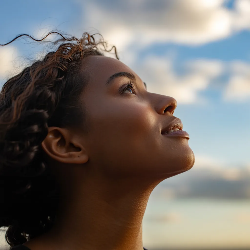 Woman looking up with hopeful expression, representing trust in God despite uncertain circumstances.