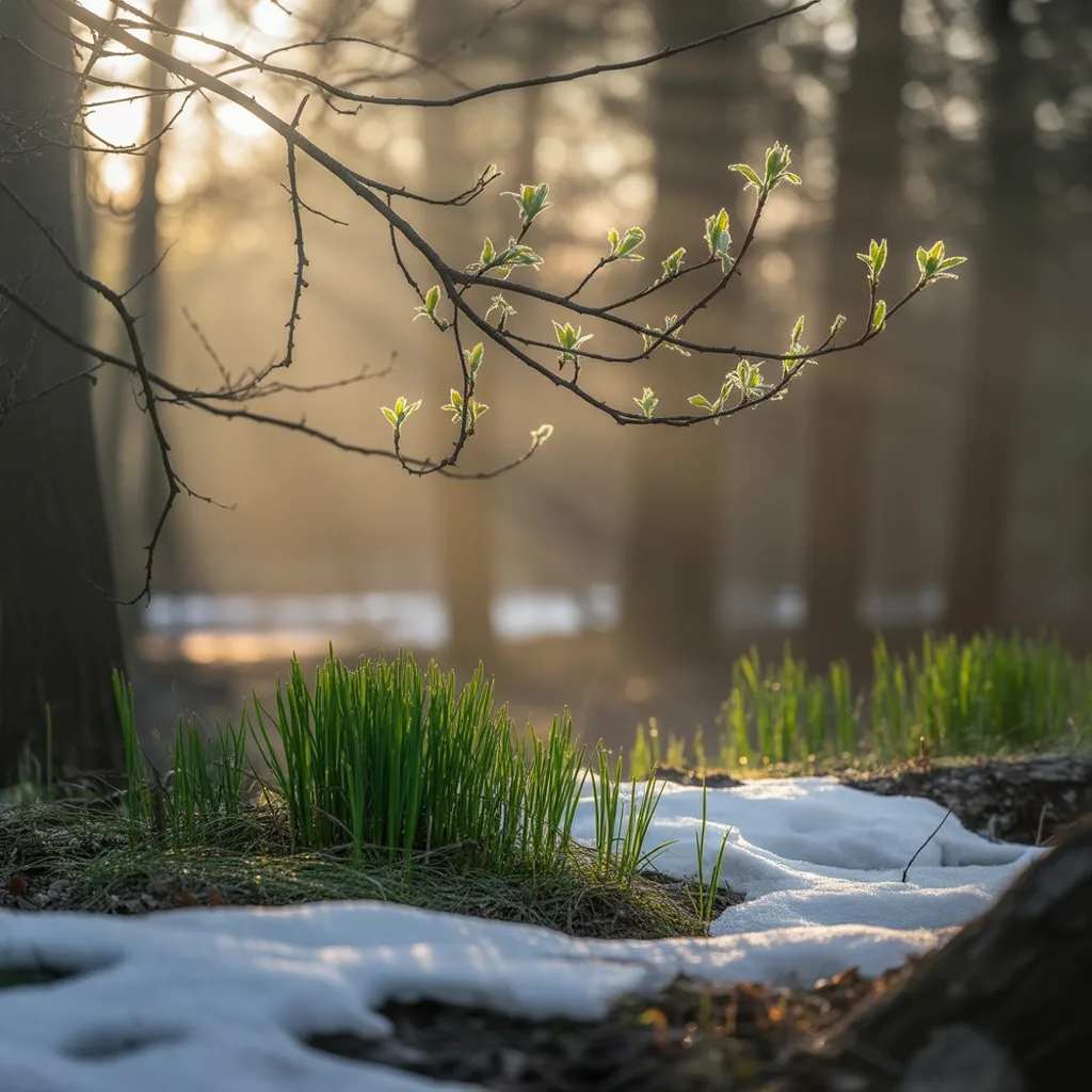 Soft spring landscape with hints of new growth, symbolizing renewal and forward movement.