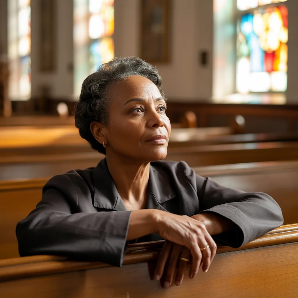 Woman sitting quietly in a church sanctuary, reflecting.
