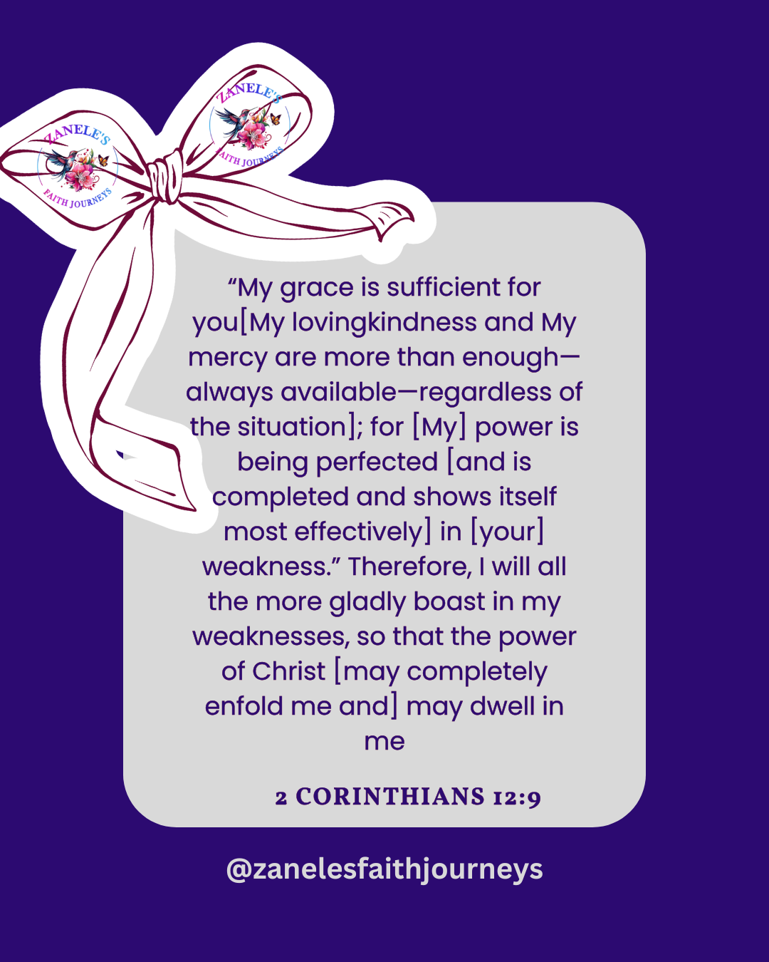 Bible verse graphic featuring 2 Corinthians 12:9 about God’s grace being sufficient and His power made perfect in weakness.