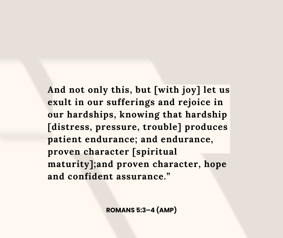 Bible verse Romans 5:3–4 AMP presented as a graphic about the progression from struggle to hope.