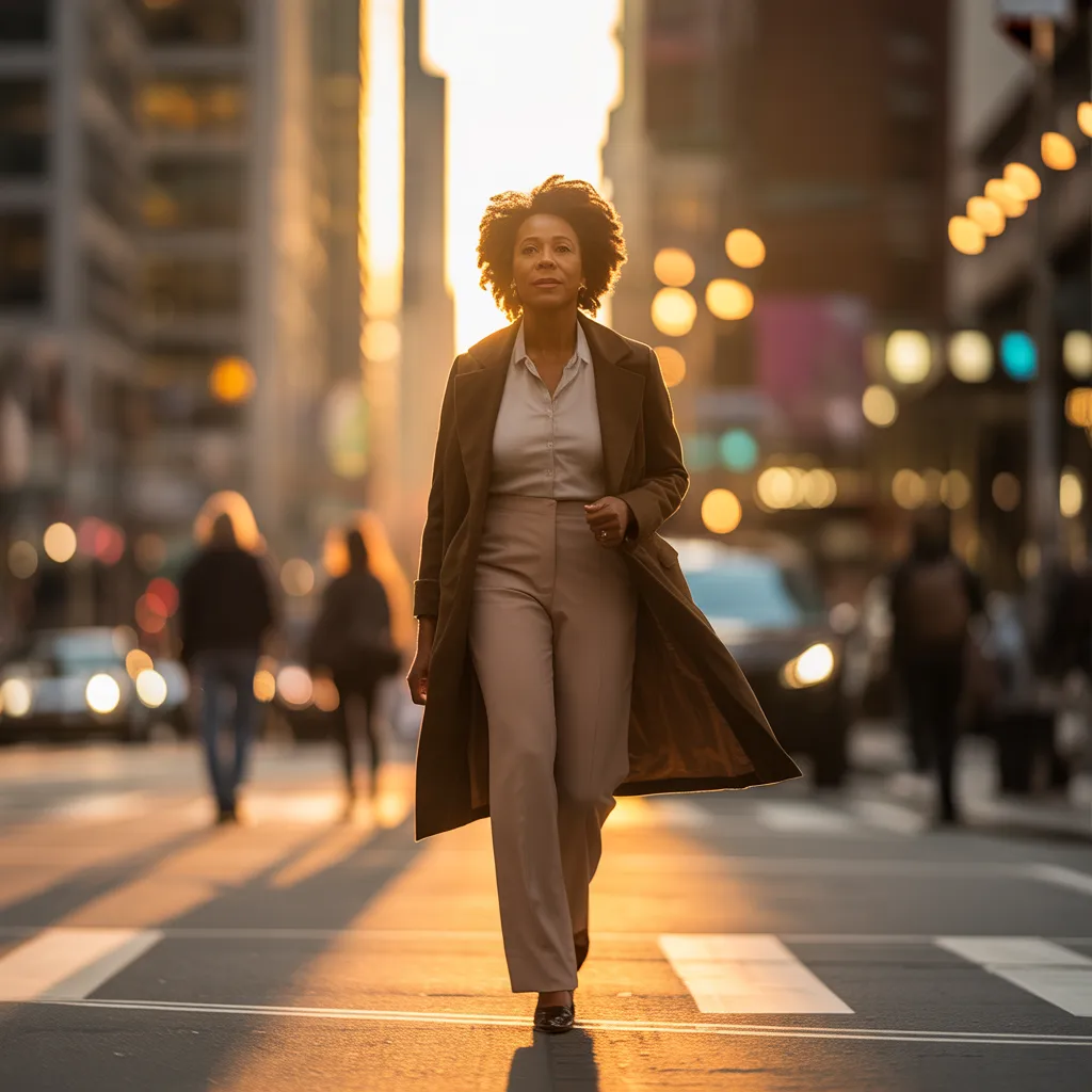 Mature woman walking forward in soft light, symbolizing growth, healing, and personal transformation.