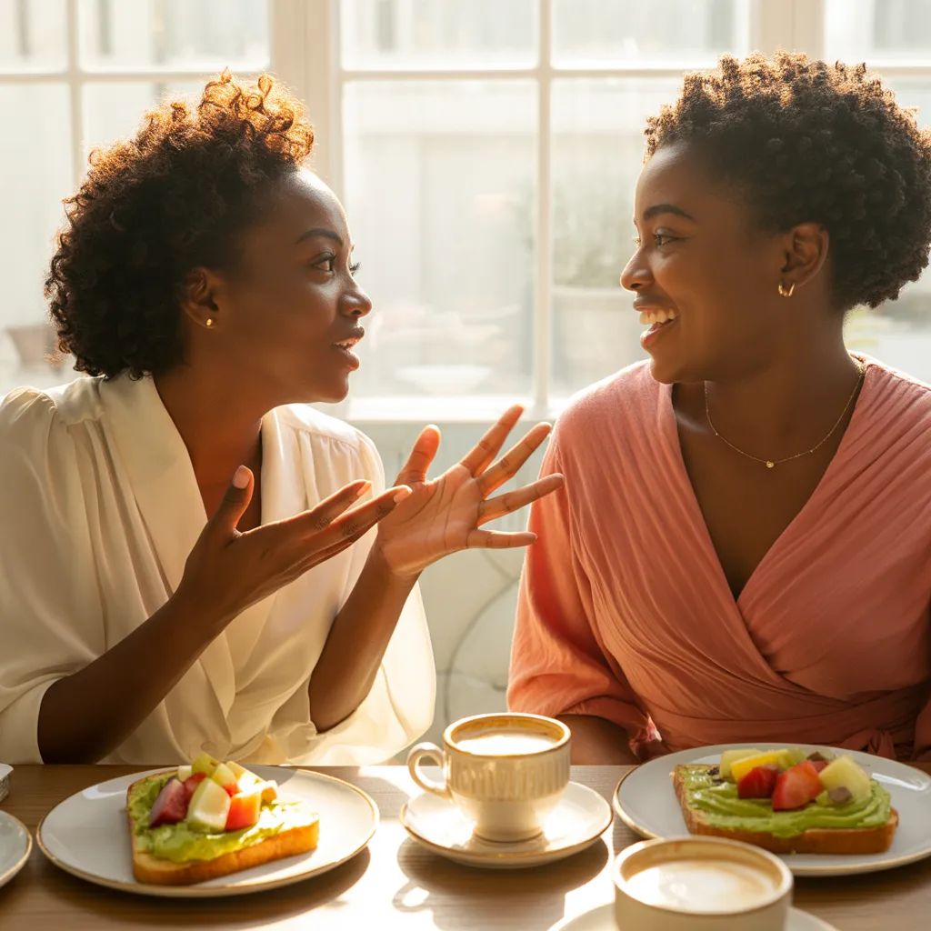 Women in genuine fellowship conversation at brunch table.