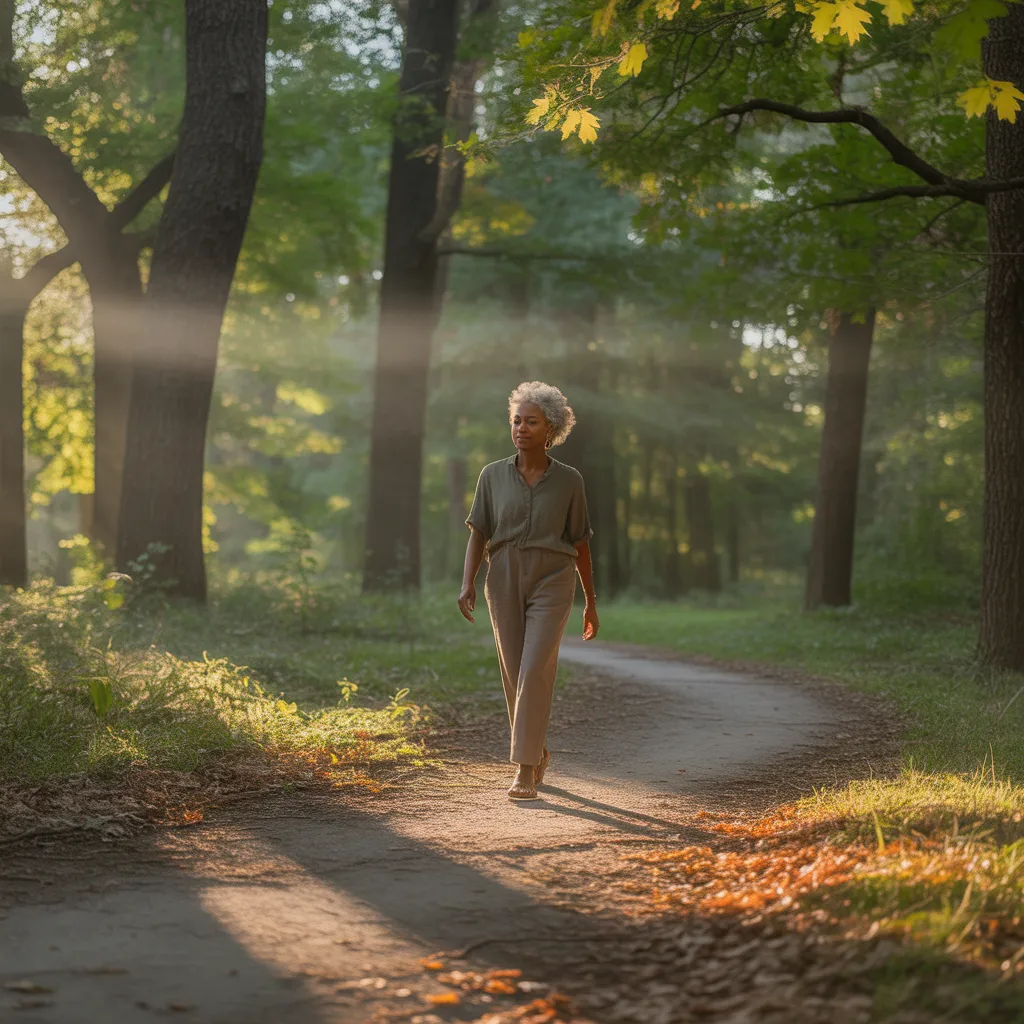 Woman walking a quiet forest path symbolizing faith, personal growth, and moving forward in life.
