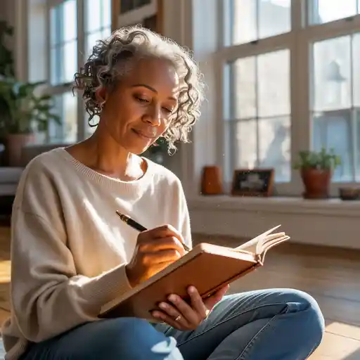 Woman writing a prayer in a journal symbolizing spiritual reflection and inner healing.