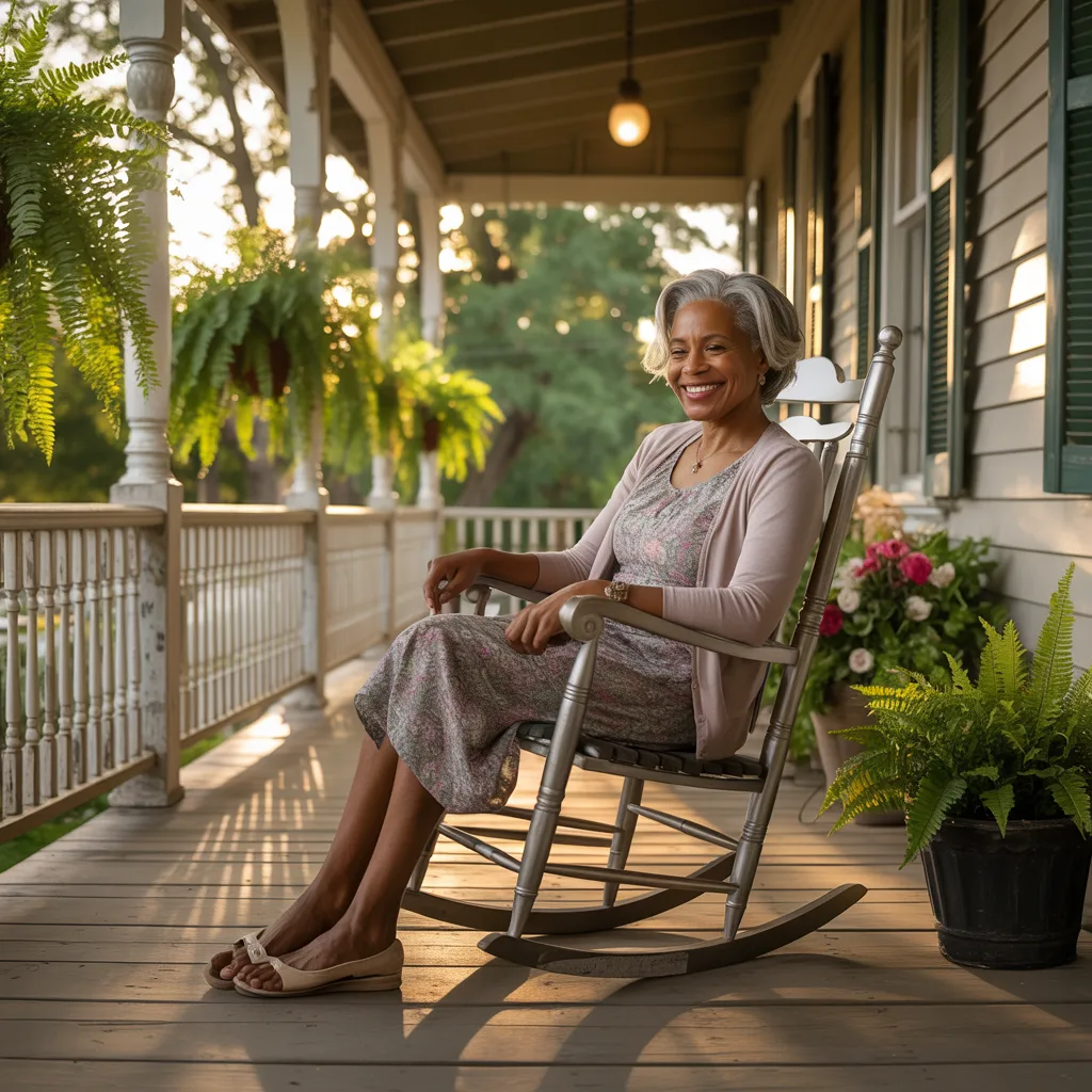 woman sitting peacefully in a rocking chair on a porch surrounded by lush greenery and warm golden light, representing rest, reflection, and quiet strength.