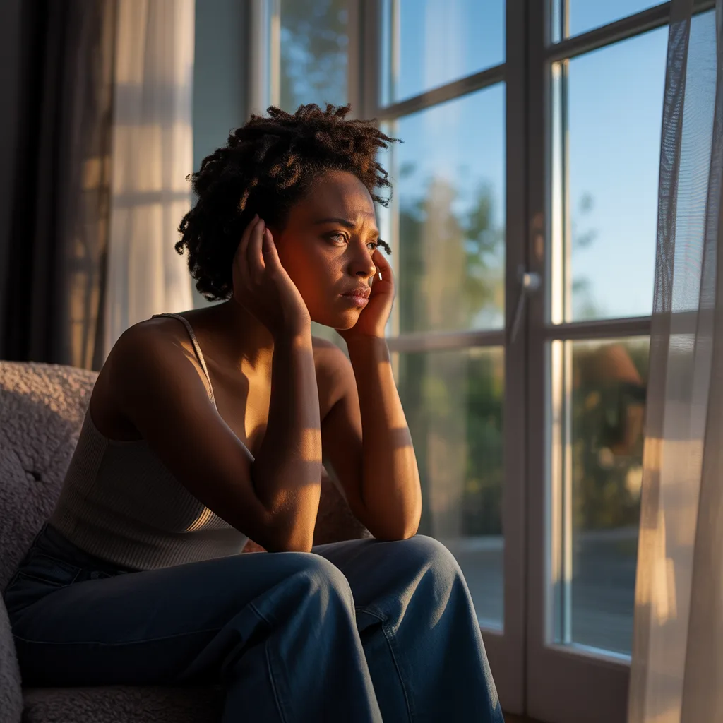 Woman sitting quietly near a window reflecting after an emotionally painful conversation.