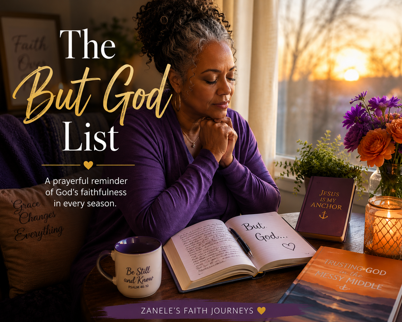 Blog graphic for The But God List featuring a woman in prayer at a desk with an open journal, candle, and flowers