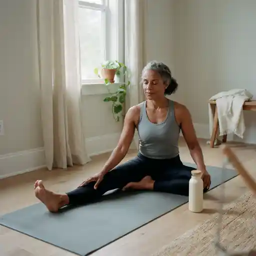 Woman performing hip mobility stretch on an exercise mat.