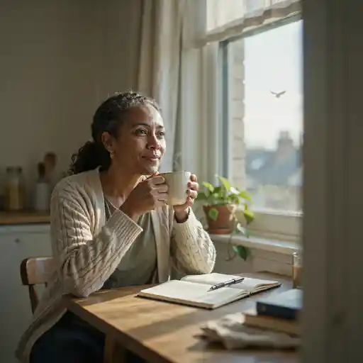 Woman sitting quietly with a journal in natural light.