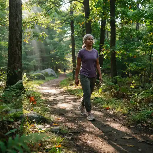 Woman walking on a nature trail in morning light.
