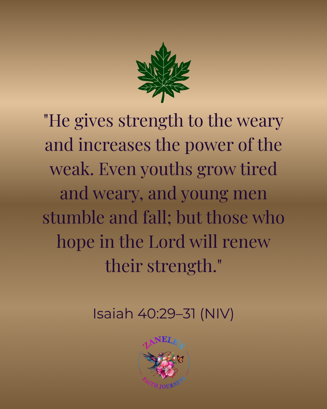 Gold Scripture graphic with a green leaf illustration displaying Isaiah 40:29–31 (NIV) about God giving strength to the weary and renewing the strength of those who hope in Him.