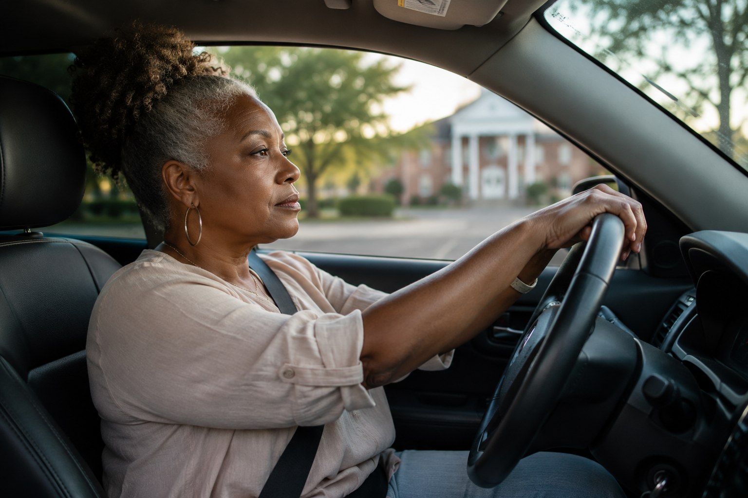 A thoughtful Black woman sits quietly in her parked car with her hands resting on the steering wheel, looking ahead as she processes a heavy day.