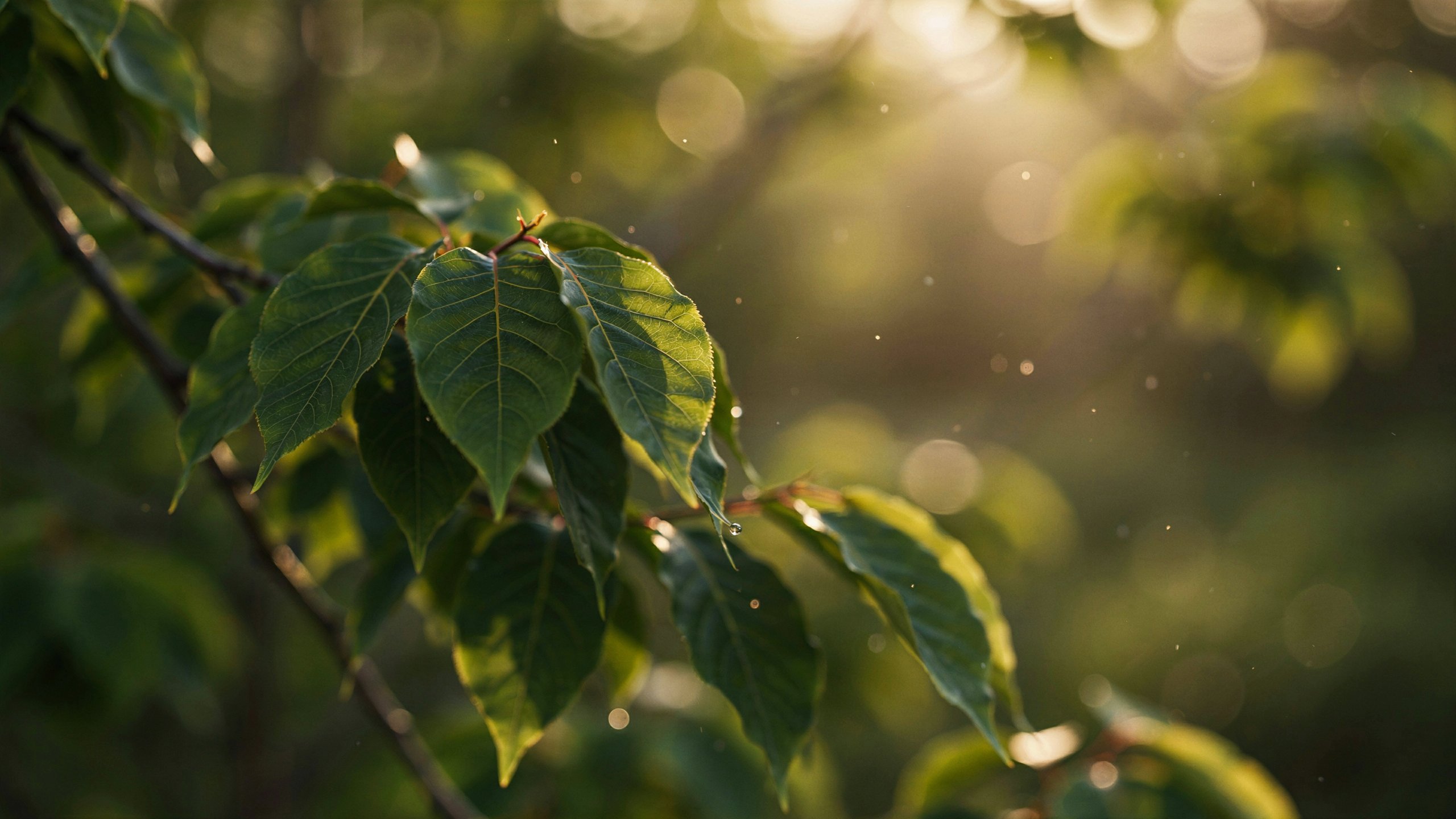 Close-up of green leaves softly illuminated by warm sunlight, creating a peaceful and contemplative nature scene.