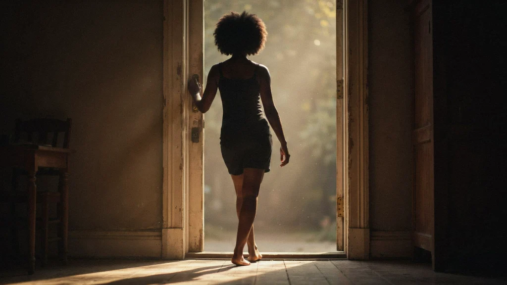 Silhouette of a Black woman with natural hair stepping through an open doorway into soft golden light, symbolizing stepping forward in faith despite fear