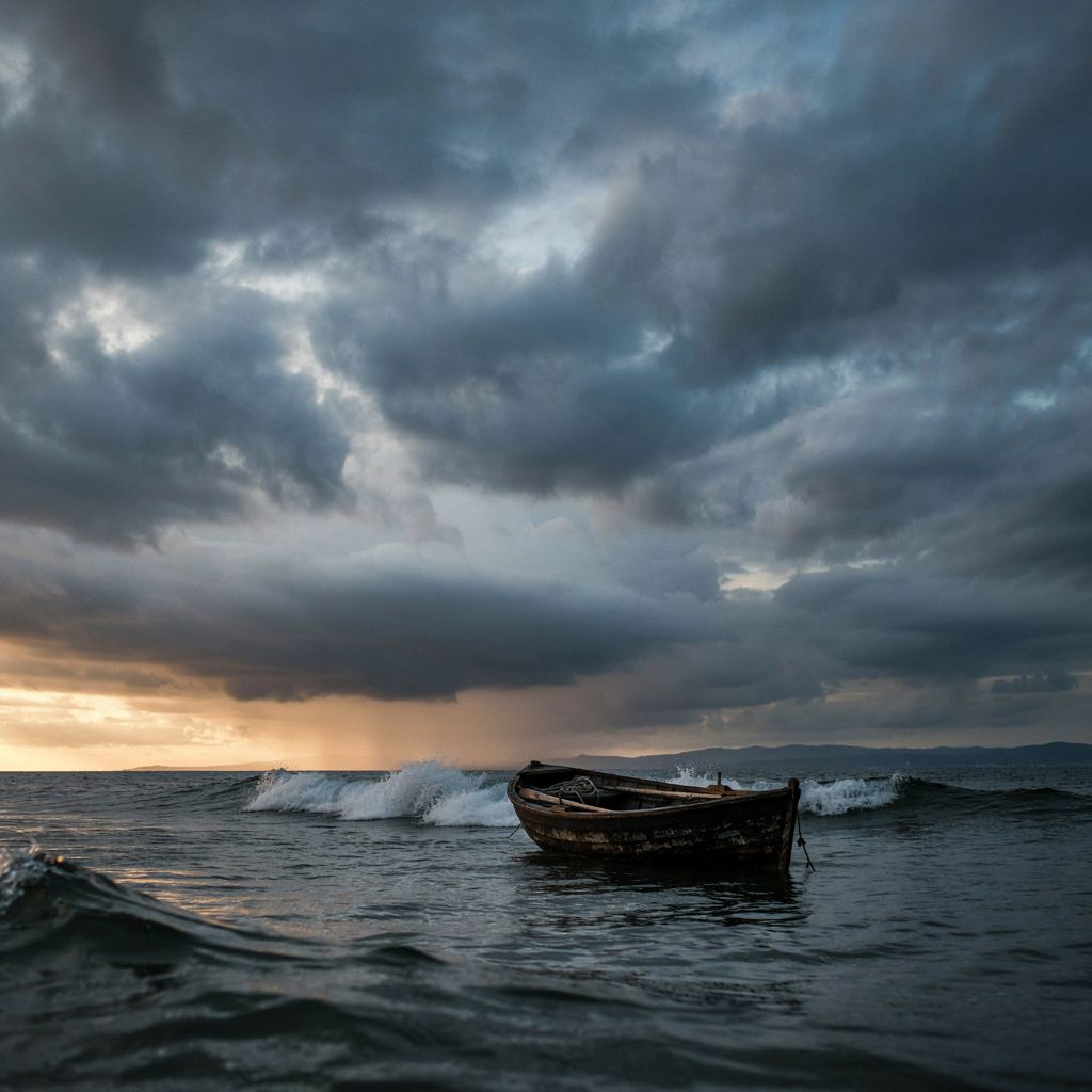 Small wooden boat tossed on a stormy sea with dark waves and a break of light on the horizon