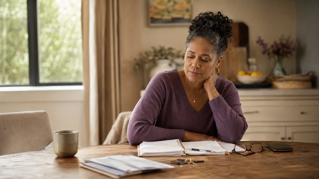 A midlife woman in a purple sweater sits thoughtfully at a kitchen table with a planner, reading glasses, phone, keys, and mail.