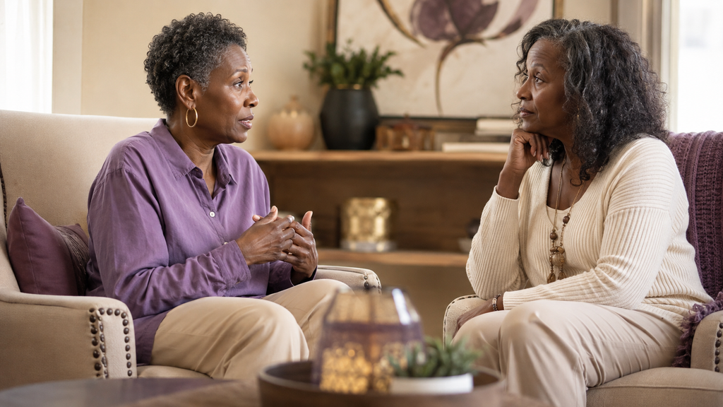 Two midlife women sit facing each other in a living room as one speaks openly and the other listens attentively.