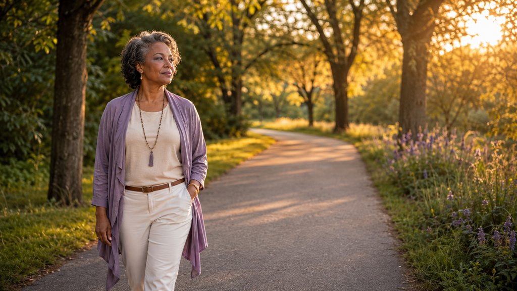 A midlife woman wearing cream and soft purple walks along a peaceful, tree-lined path in warm evening light.
