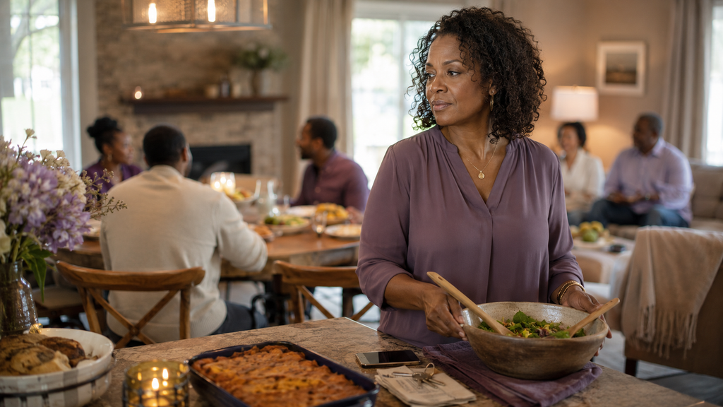 A midlife woman prepares food at a kitchen island while family members gather and talk in the background.
