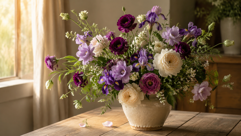 Purple, lavender, and cream flowers arranged in a ceramic vase on a wooden table beside a sunlit window.