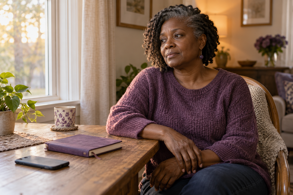 Woman over 50 sitting thoughtfully beside a window with a closed journal and face-down phone on the table.