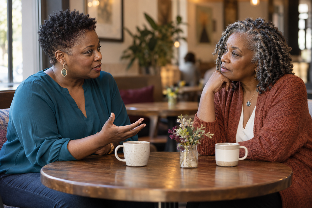 Two mature women seated across from each other having a calm, serious conversation at a café table.